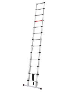 Fully extended aluminium telescopic ladder with stabiliser bar